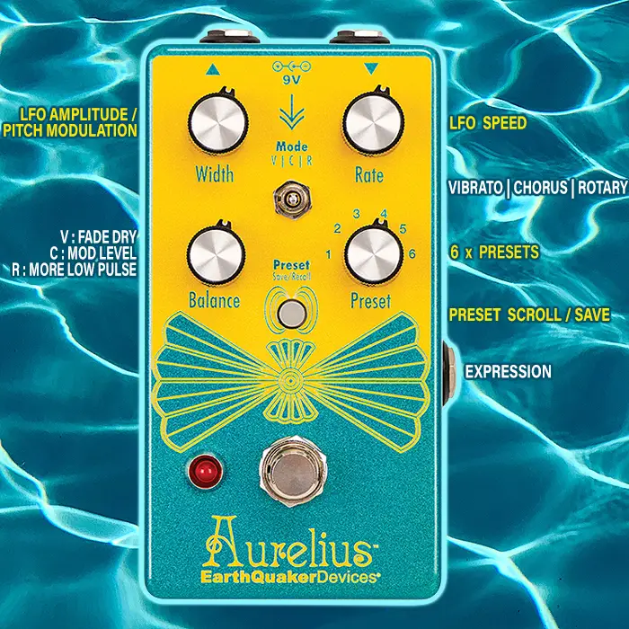 Aurelius d'EarthQuaker Devices est un chœur numérique tri-voix intelligent, un vibrato et une pédale rotative avec 6 préréglages intégrés.