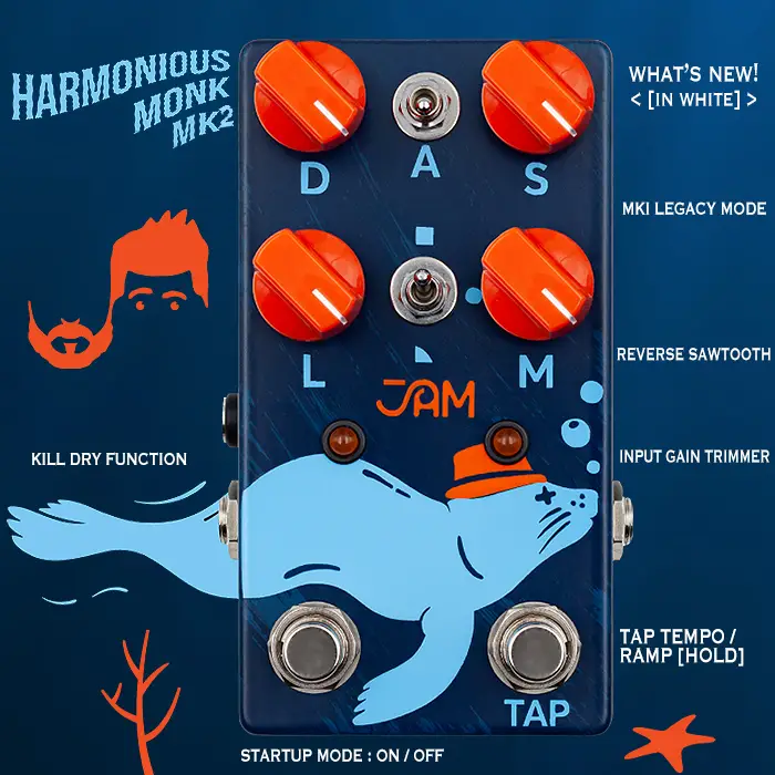 Les pédales JAM améliorent encore le trémolo harmonique préféré de tout le monde - le Harmonious Monk MK2 - maintenant avec des fonctionnalités supplémentaires