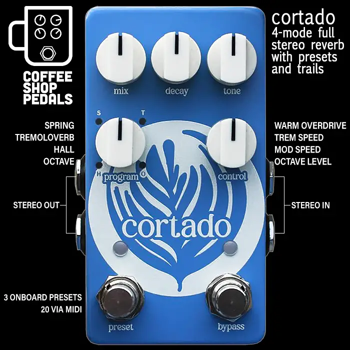 Coffee Shop Pedals 3rd Release est la réverbération stéréo complète multimode Cool Compact Cortado avec préréglages intégrés et pistes dynamiques
