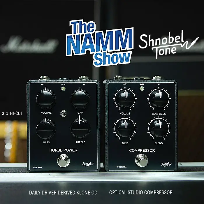 Shnobel Tone lance deux nouvelles pédales au NAMM - la Horse Power Overdrive et l'Optical Studio Compressor