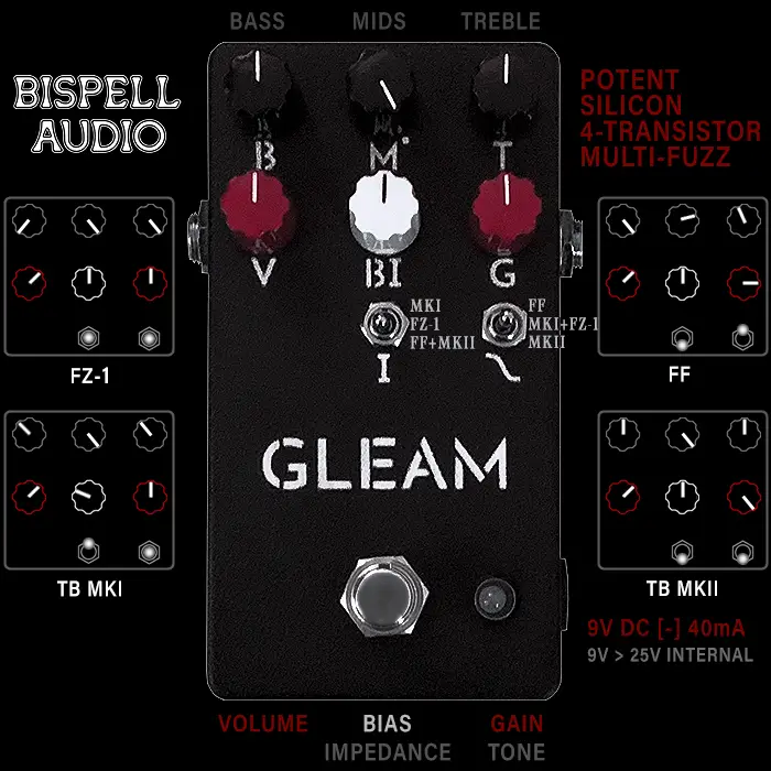 Le V2 Gleam de Bispell Audio est un multi-Fuzz à 4 transistors en silicium incroyablement puissant qui vous a brillamment couvert pour tous les premiers types de Fuzz classiques.
