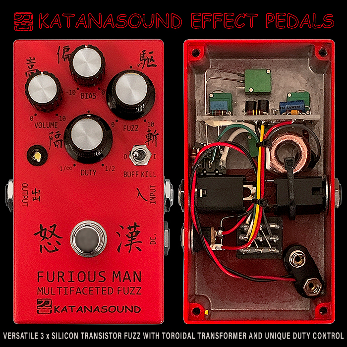 Le Katanasound Furious Man Multifaceted Fuzz est un Fuzz à 3 transistors en silicium très polyvalent et assez unique.