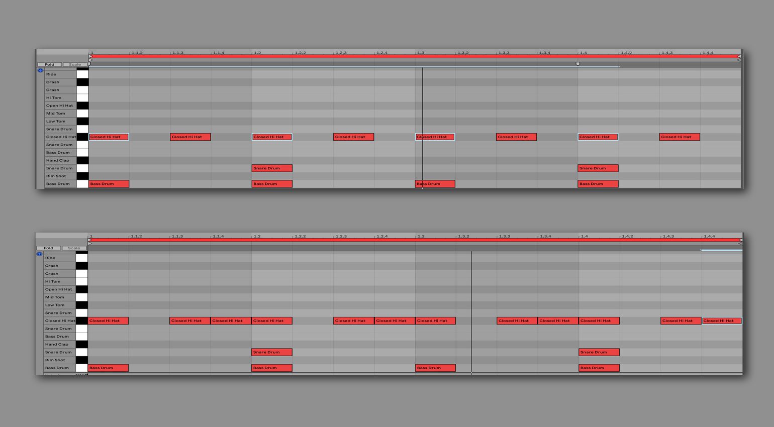 Même motif Kick et Snare, rythmes Hihat différents - groove extrêmement différent ! 
