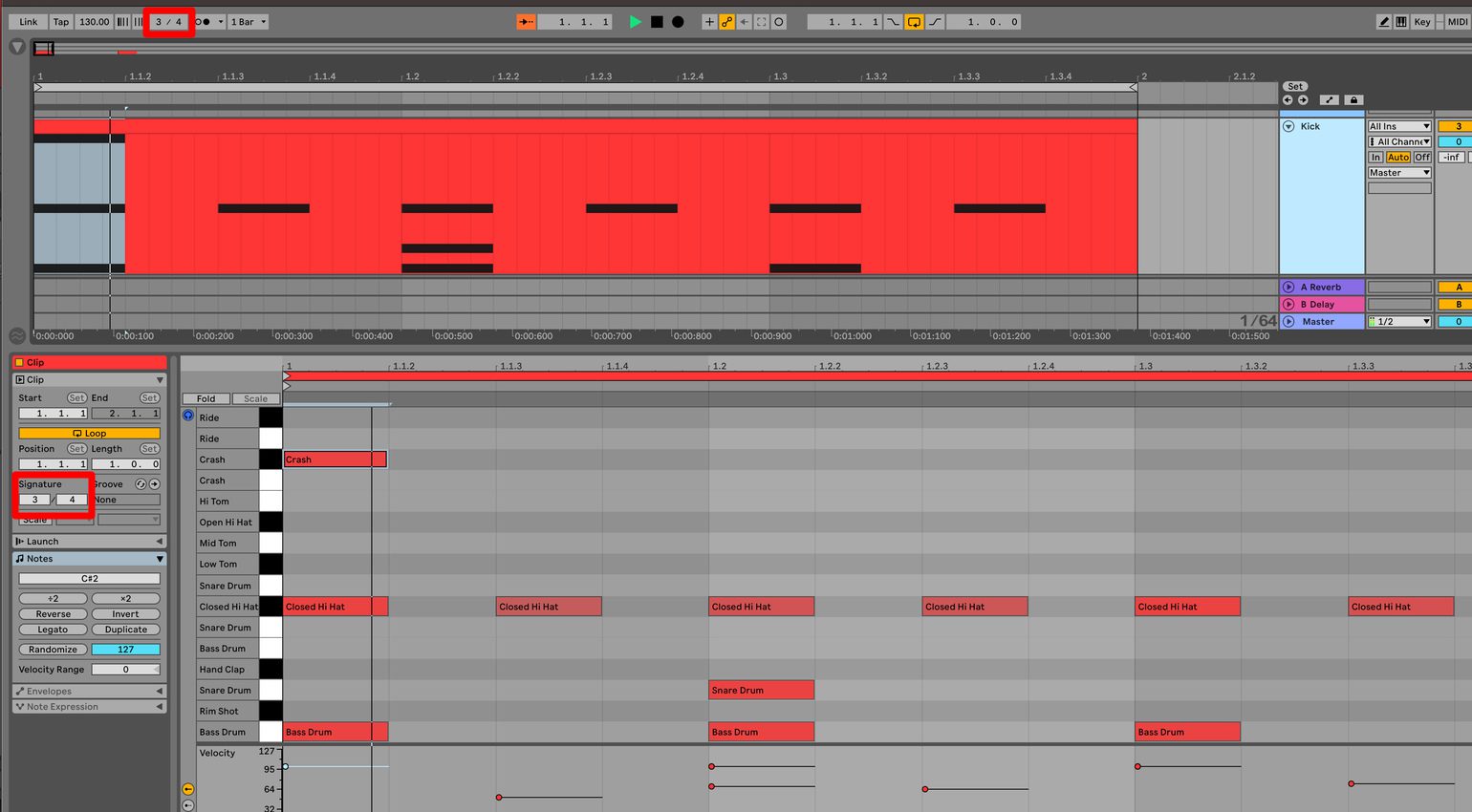 Dans Ableton, vous pouvez avoir une signature rythmique globale (en haut) et une différente dans chaque clip (en bas). 