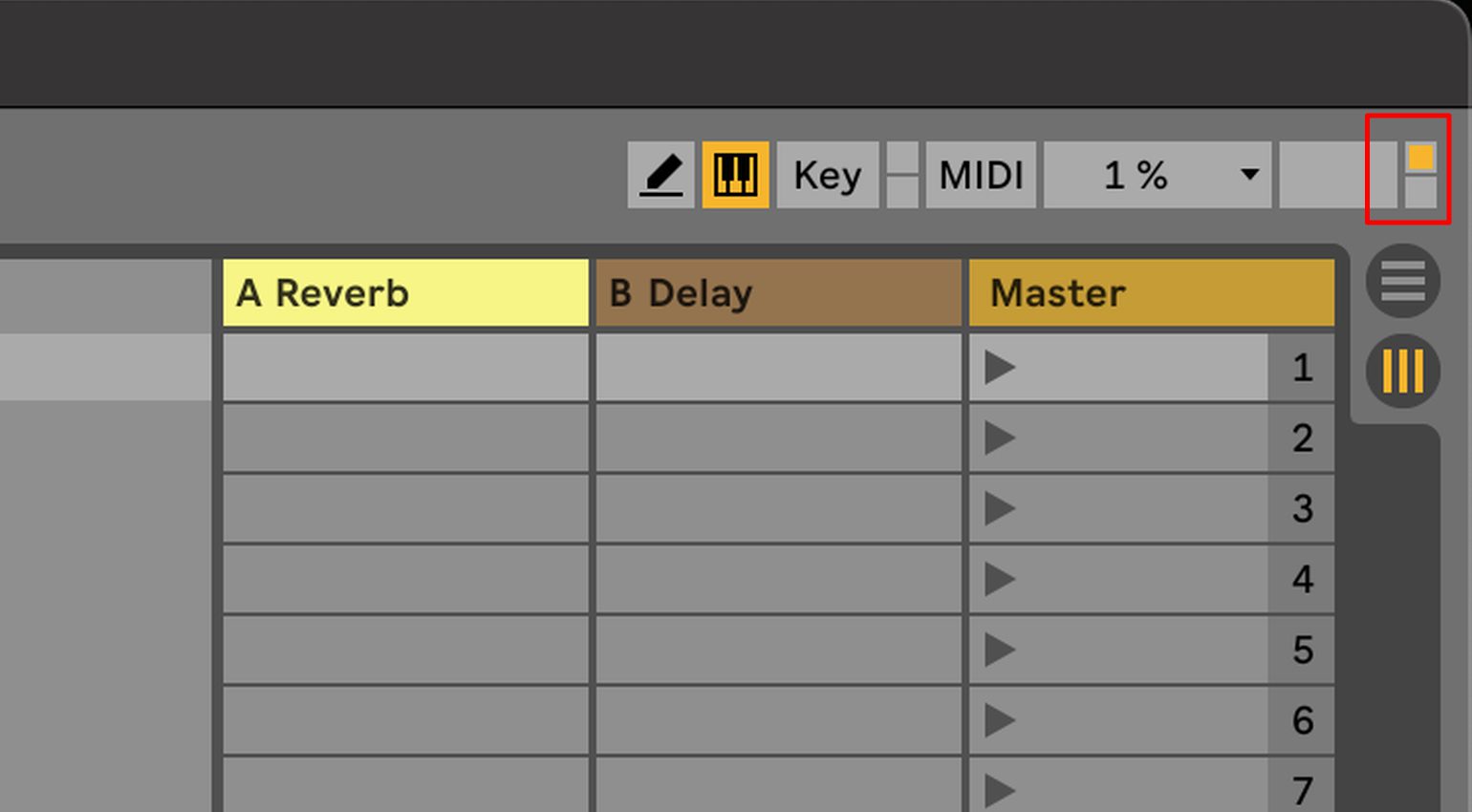 Comment utiliser un contrôleur MIDI : Le petit indicateur jaune dans Ableton indique l'activité des notes MIDI entrantes.