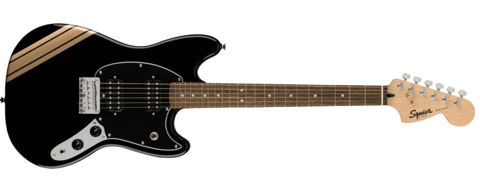 Squier Bullet Competition Mustang Noir et Shorelin Gold Stripes