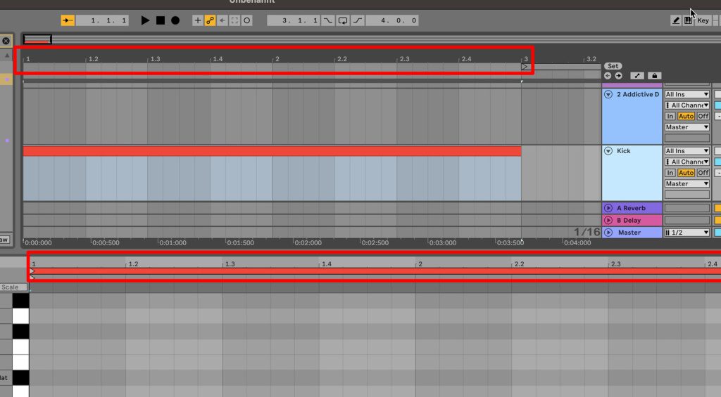 Un DAW comme Ableton affiche la grille dans son Arrangement (en haut) et dans l'éditeur de clips (en bas).