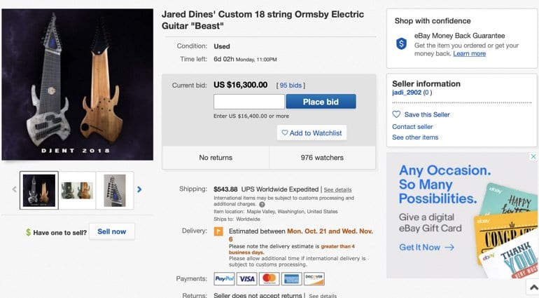 Guitare électrique Ormsby 18 cordes personnalisée de Jared Dines