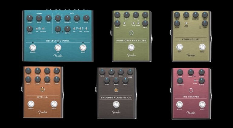 Fender Pour Over Envelope Filter, Smolder Acoustic Overdrive, Compugilist, The Trapper Fuzz, MGT- LA Tube Distortion and Reflecting Pool Delay:Reverb.