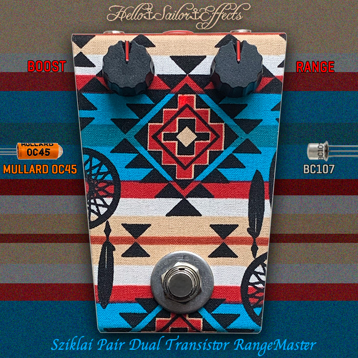 Joe de Hello Sailor Effects propose un puissant RangeMaster hybride à double transistor Sziklai Pair dans un superbe emballage en tissu tribal.