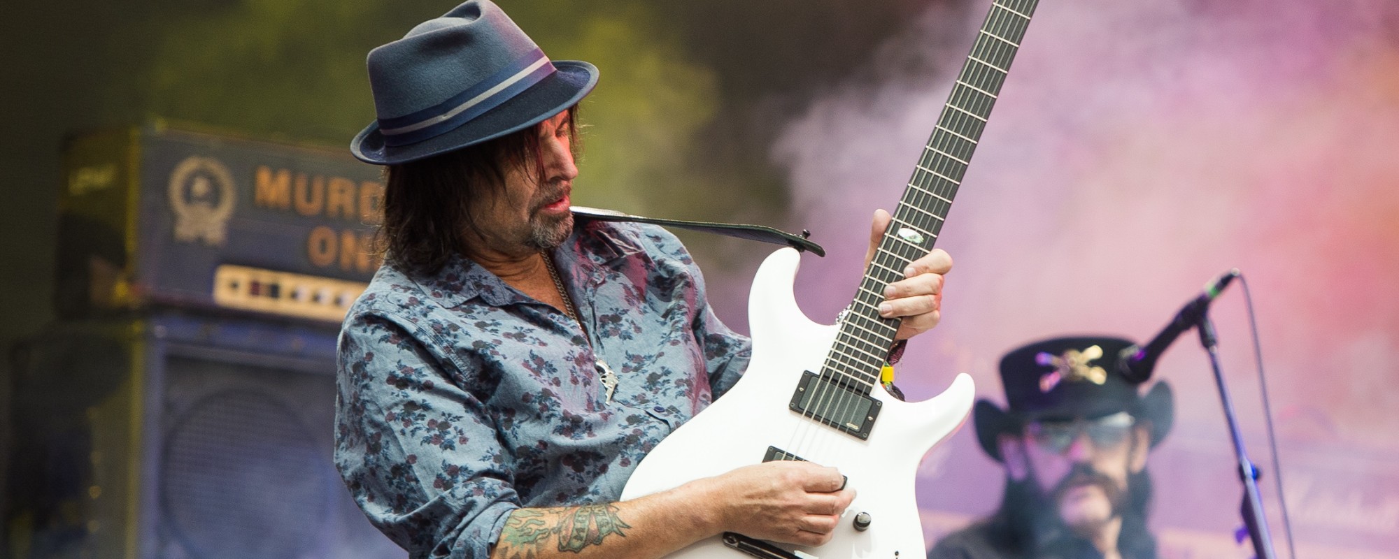 GLASTONBURY, ENGLAND - JUNE 26: Phil Campbell and Lemmy Kilmister (R) of Motorhead perform at the Glastonbury Festival at Worthy Farm, Pilton on June 26, 2015 in Glastonbury, England. (Photo by Samir Hussein/Redferns via Getty Images)